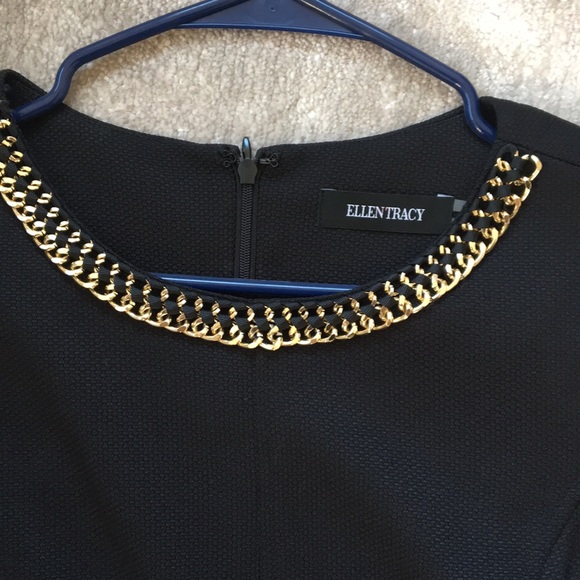 Ellen Tracy Black A line dress w gold inset collar - Picture 3 of 6